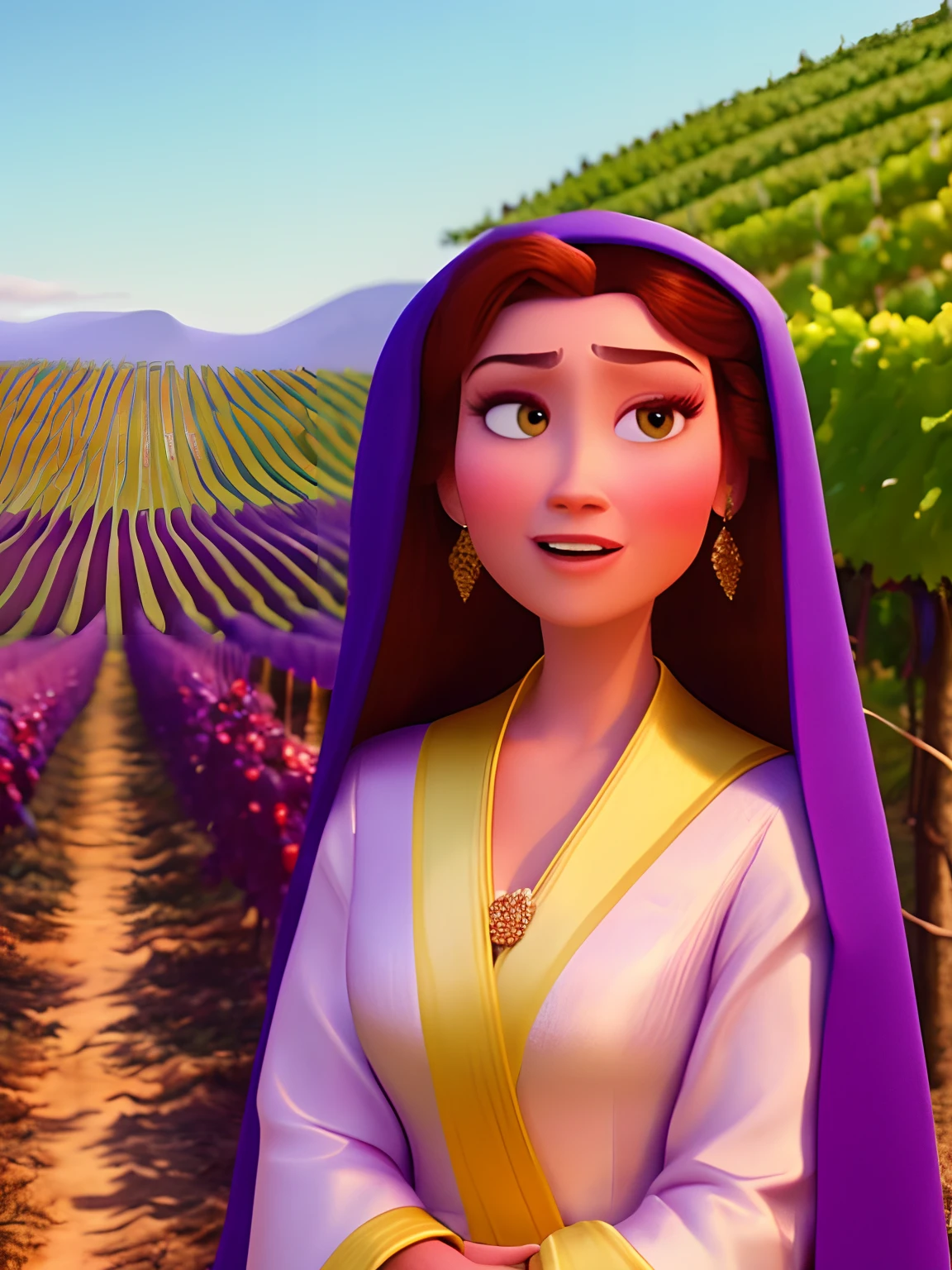 Pixarstyle: A portrait of a woman dressed in a robe in front of a vineyard plantation, full of money and thinking about how I could make more money if I bought the grape plantation. Escrito a Mulher Virtuosa