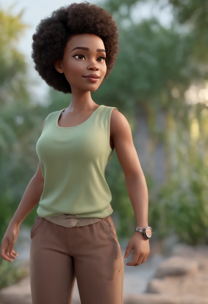 Personagem de desenho animado de uma mulher com camisa preta, All Star Sweatpants & sneaker, cabelo curto Pixie CUT afro brasileiro de cor CASTANHO, e um pouco acima do peso. Em cima,boca carnuda,olhos mel,animated character, Caractere estilizado, animation style rendering, 3D estilizado, Arnold Maya render, 3 d render stylized, toon render keyshot, Personagem 3D, Personagem 3D, 3d rendering stylized, 3 d character render, personagem de desenho animado, Personagem de close up, Pose de personagem, (Estilo Pixar) (master part:1.2) (Bokeh) (best quality) (pele detalhada branca) (textura detalhada) (8k) (Cinematic lighting)
