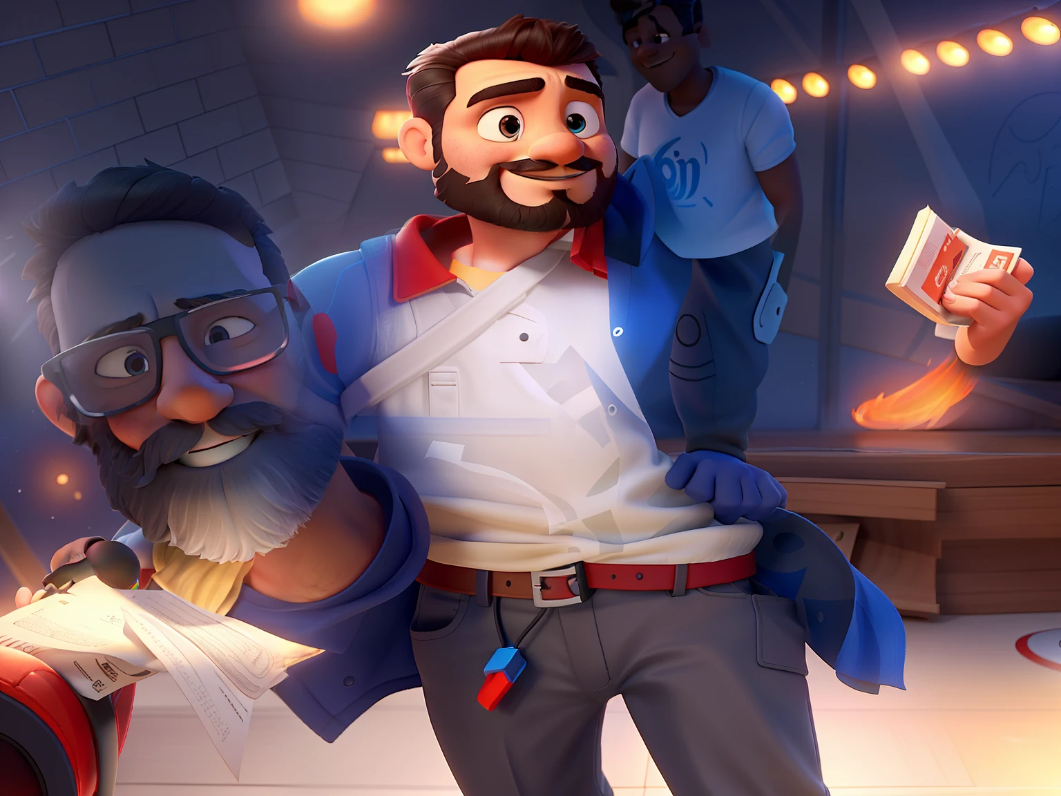 Pode melhorar barba mais rala com uns fios brancos, Make the full body appearing white red shoes. Man stands on black background on a speaker-like stage with microphone in one hand and book in the other in Disney pixar style best quality, maior qualidade.