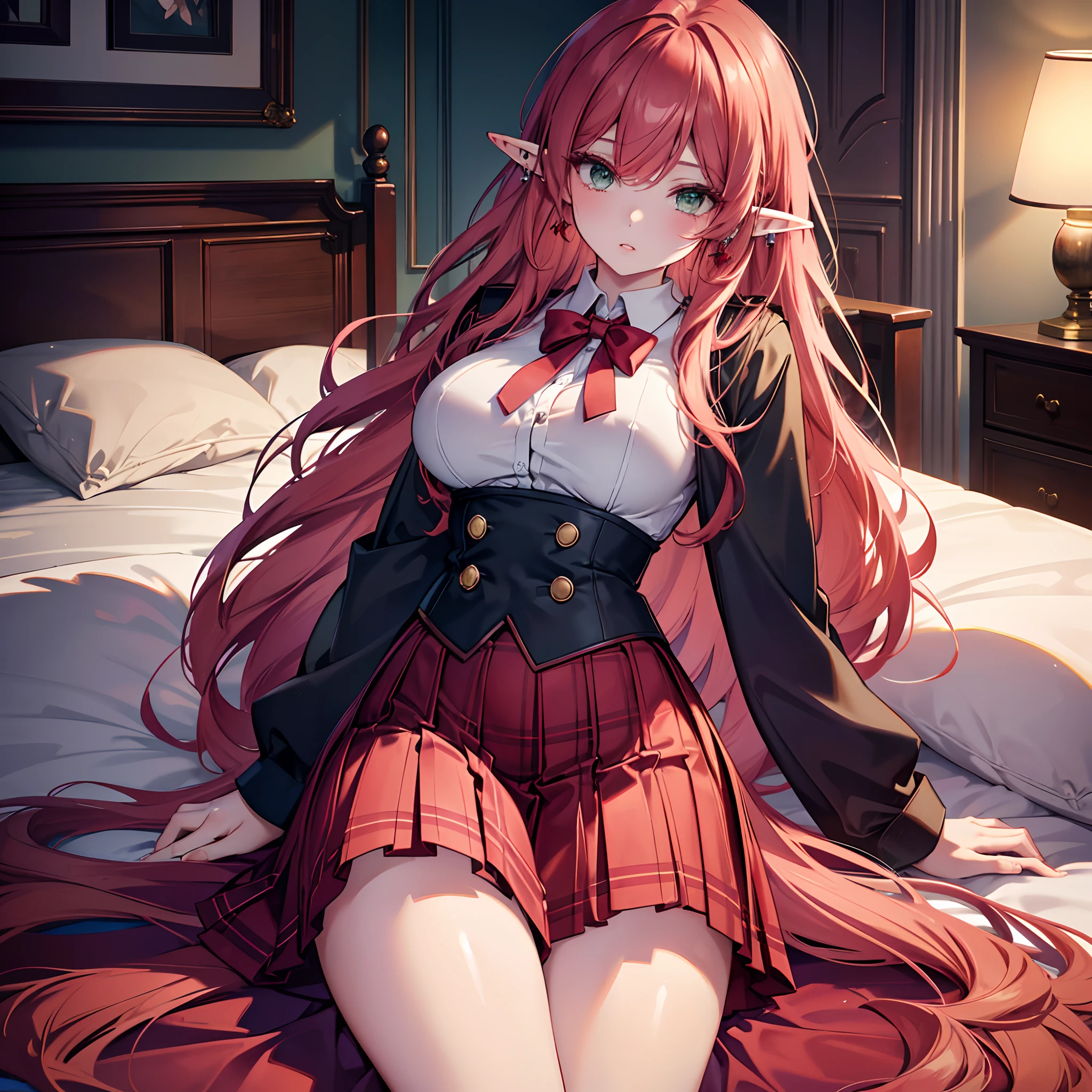 Realistic and detailed image of an elf. Dressed in school uniform and plaid pleated mini skirt. Unusually shiny long silky scarlet red hair. Green eyes. She has earrings and long eyelashes. Has full lips. Large breasts, slim waist, very wide hips and thick thighs. Sleepy. Arched back. Ambient lights. Lying down. Bed. Female room.