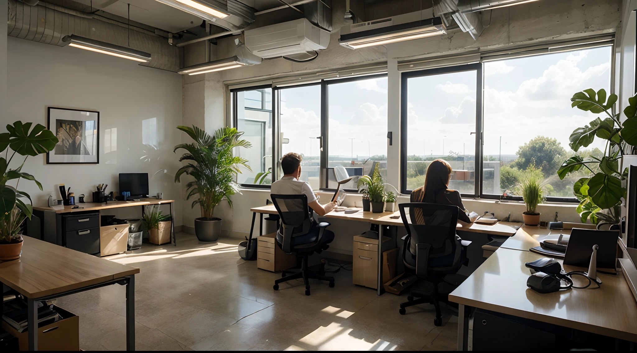 a group of people at work in an office, men and women, plants, amber light, ultra realistic