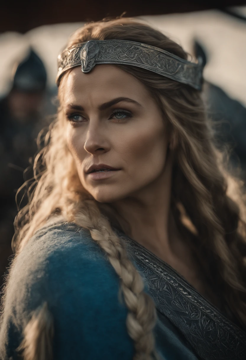 Mulher guerreira viking com olhos azuis e cabelo loiro platinado, neve, Nordic, tatuagem de ritual viking no rosto, esta cantando uma musica viking emocional