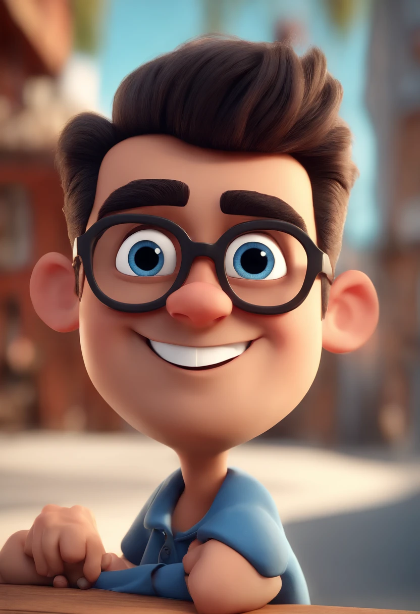 Cartoon character of a man with black glasses and a blue shirt, animation character, Caractere estilizado, animation style rendering, 3D estilizado, Arnold Maya render, 3 d render stylized, toon render keyshot, Personagem 3D, Personagem 3D, 3d rendering stylized, 3 d character render, personagem de desenho animado, Personagem de close up, Pose de personagem,  (Estilo Pixar) (master part:1.2) (Bokeh) (best quality) (pele detalhada) (textura detalhada) (8k) (argila) (Cinematic lighting) (foco nítido