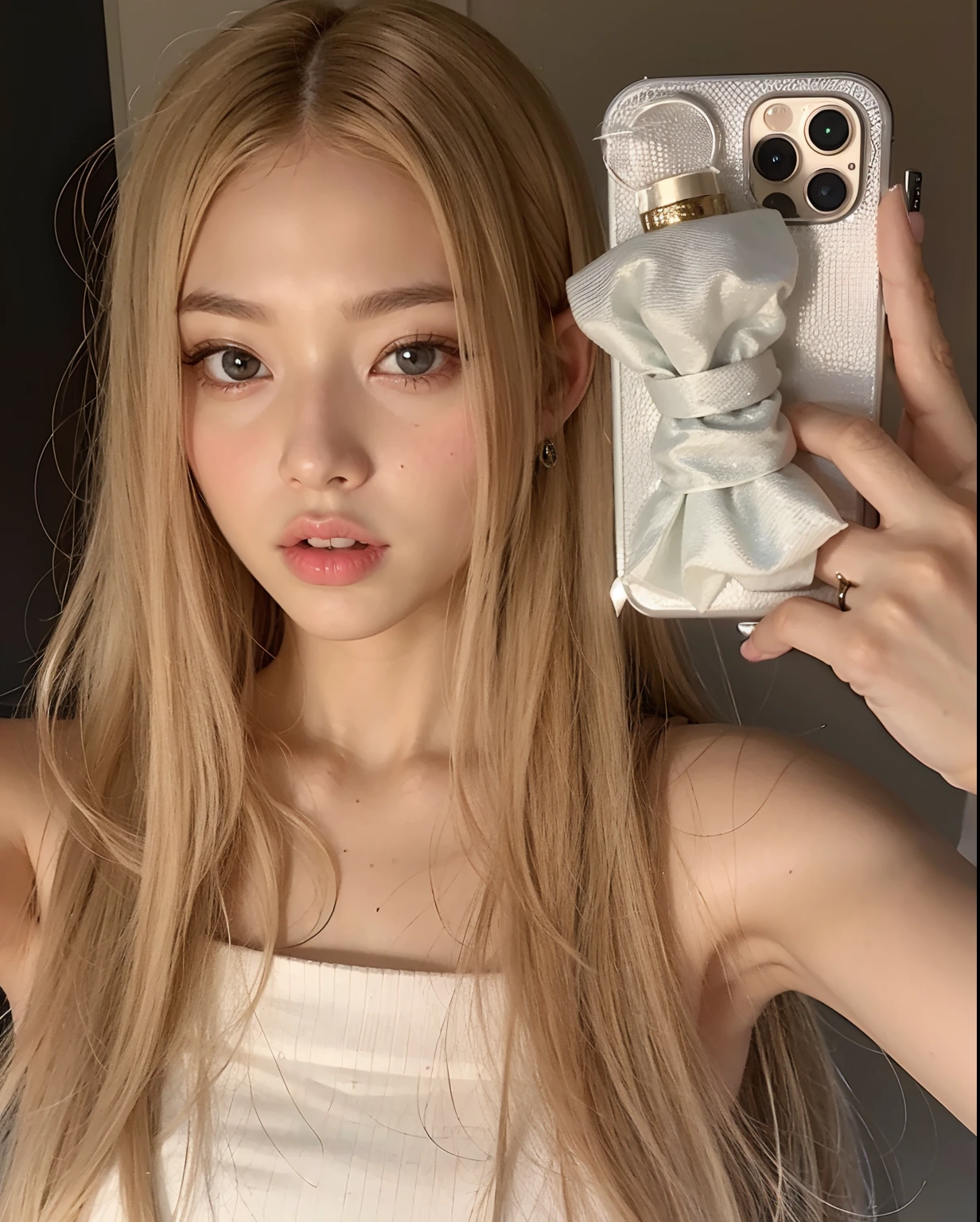 There is a woman holding a silver bag and a mobile phone, Brutal Korean Gothic Girl, Josh de Blackpink, Blackpink's Roseanne Park, beautiful dolphin, Best Face, portrait of Josh de Blackpink, Heonhwa Choi, Larissa Manoban of Blackpink, 2 0 2 0 fashion, Korean woman, silver color, common ratio