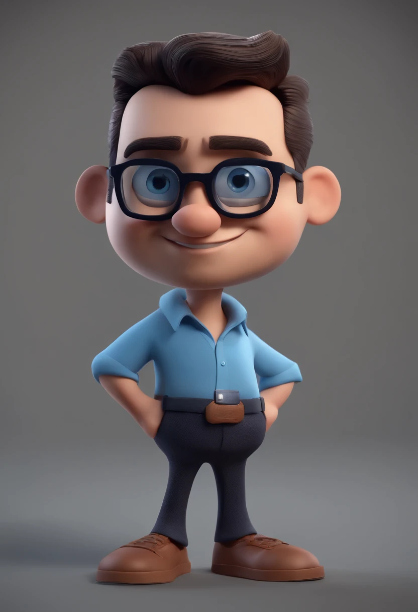 Cartoon character of a man with black glasses and a blue shirt, animation character, Caractere estilizado, animation style rendering, 3D estilizado, Arnold Maya render, 3 d render stylized, toon render keyshot, Personagem 3D, Personagem 3D, 3d rendering stylized, 3 d character render, personagem de desenho animado, Personagem de close up, Pose de personagem, (Estilo Pixar) (master part:1.2) (Bokeh) (best quality) (pele detalhada) (textura detalhada) (8k) (argila) (Cinematic lighting) (foco nítido