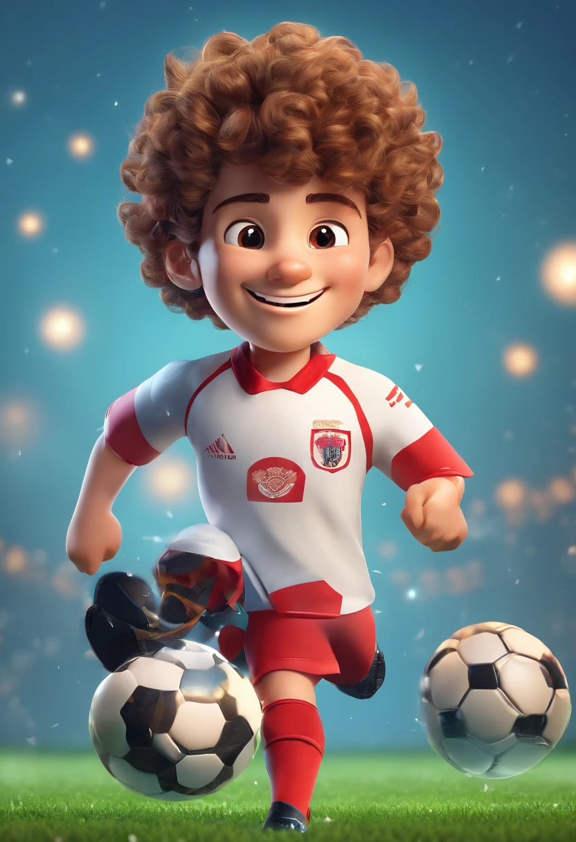 (best quality,realistic:1.37),boy with a joyful smile, curly hair, Black anos white soccer uniform,holding a ball under his arm on a soccer field,grass,clear sky,cheerful atmosphere,vibrant colors,sharp focus,shadows and highlights,portraits,studio lighting,emphasizing the boy's face and expression,texture,high resolution,professional,bokeh
