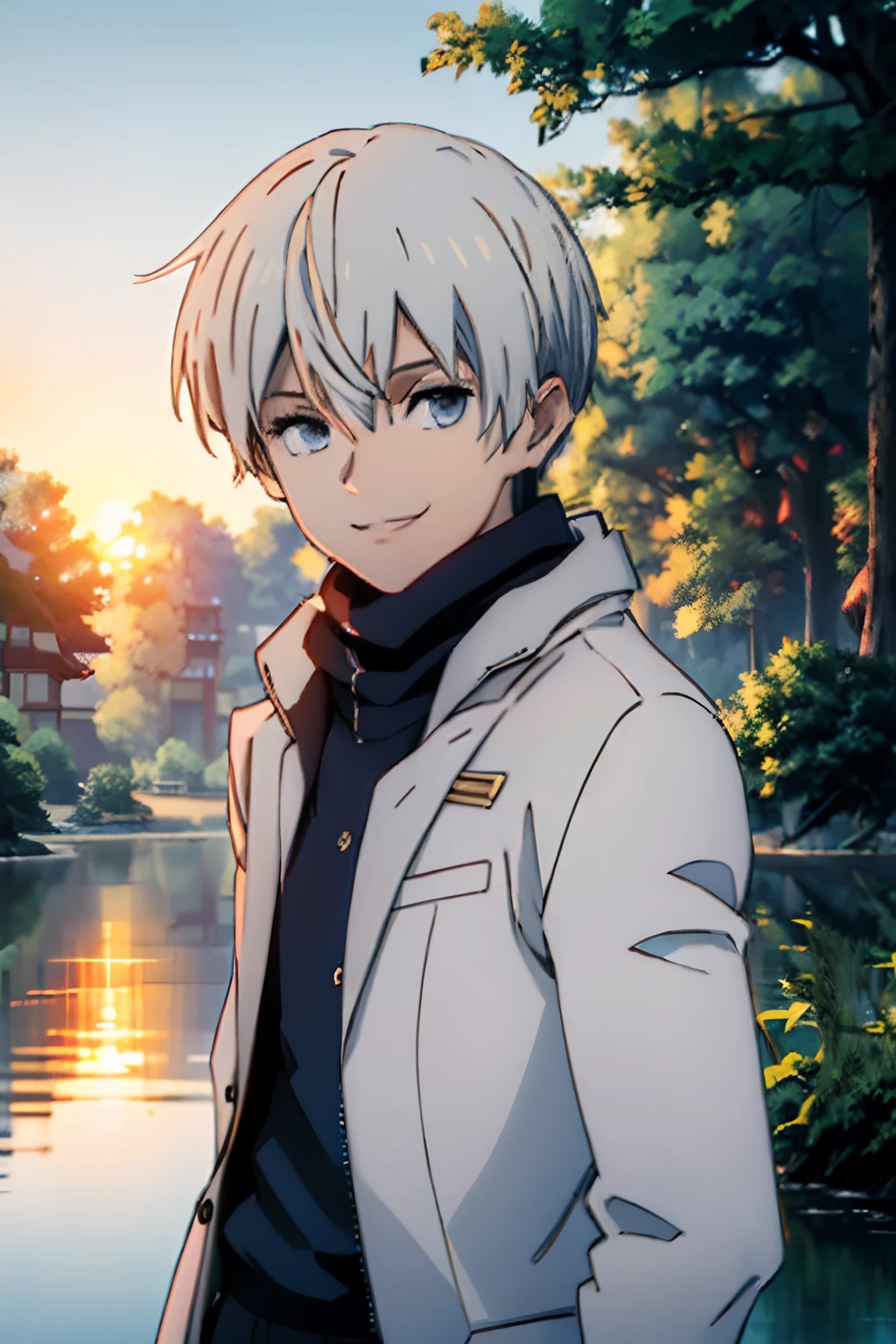 young man, white hair, wearing aerican academy white jacket, in a chinese garden, smiling, blue eyes, 4k, chinese trees behind, sunset, lake in the background, full HD, best quality