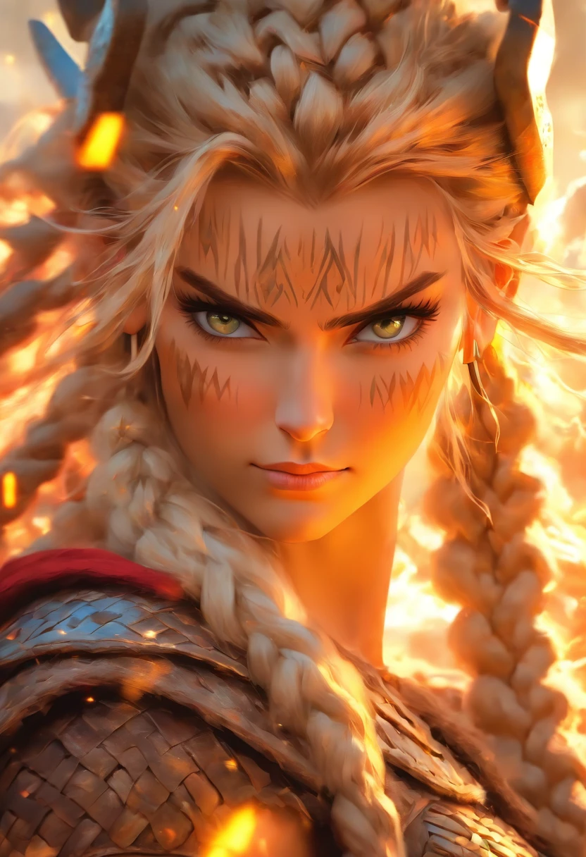 8k portraid of beautiful and sexy anime girl vikings, armor viking ornate insanely detailed and intricate, hair with huge blonde braids, intricate, elegant, highly detailed, majestic, digital photography, art by artgerm and ruan jia and greg rutkowski surreal painting ritual viking, broken glass, (masterpiece, sidelighting, finely detailed beautiful eyes: 1.2), hdr, (detailed background ritual viking:0.7)