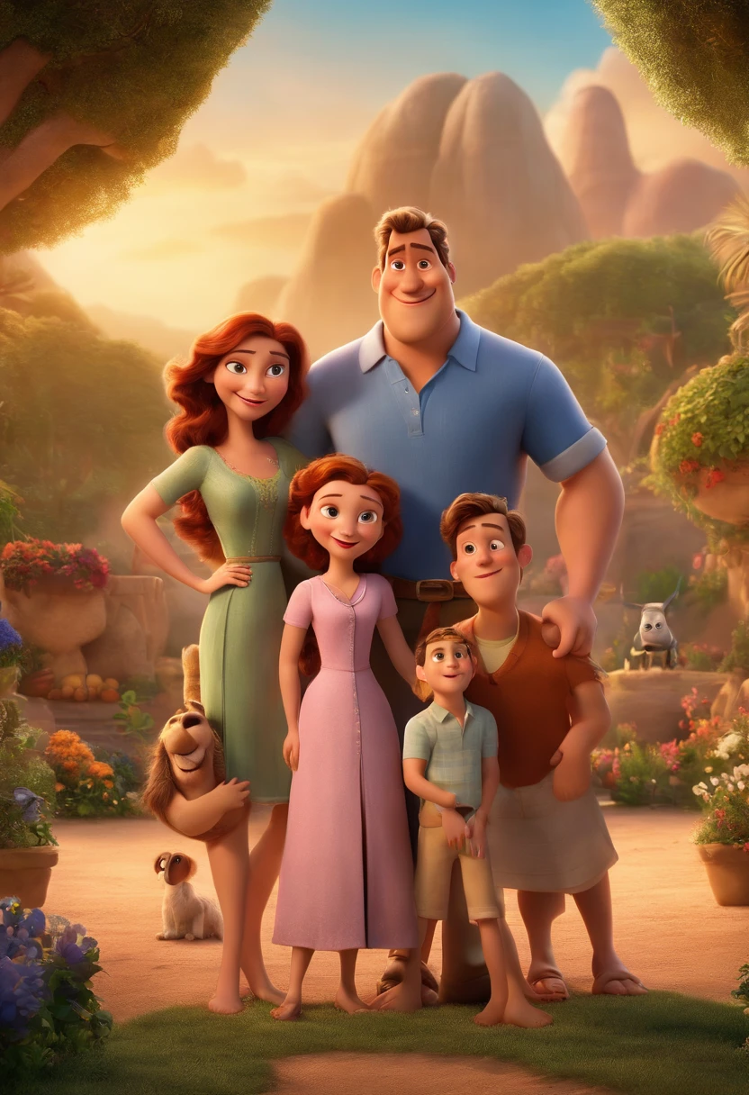 a Disney Pixar movie poster showing a white-skinned family. The father is the tallest, cabelos curtos e espinhosos. The mother has black eyes and hair, shoulder-length and is slightly overweight. A menina tem 4 anos e cabelos castanhos, roupa rosa e rabos de cavalo. The background is a beach garden. 3D-rendering
