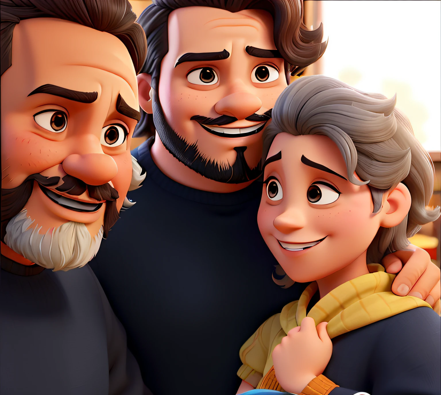 Um homem velho de barba grisalha, um homem jovem gordinho de barba e uma mulher sorrindo cabelo loiro e preto estilo disney pixar, alta qualidade, melhor qualidade