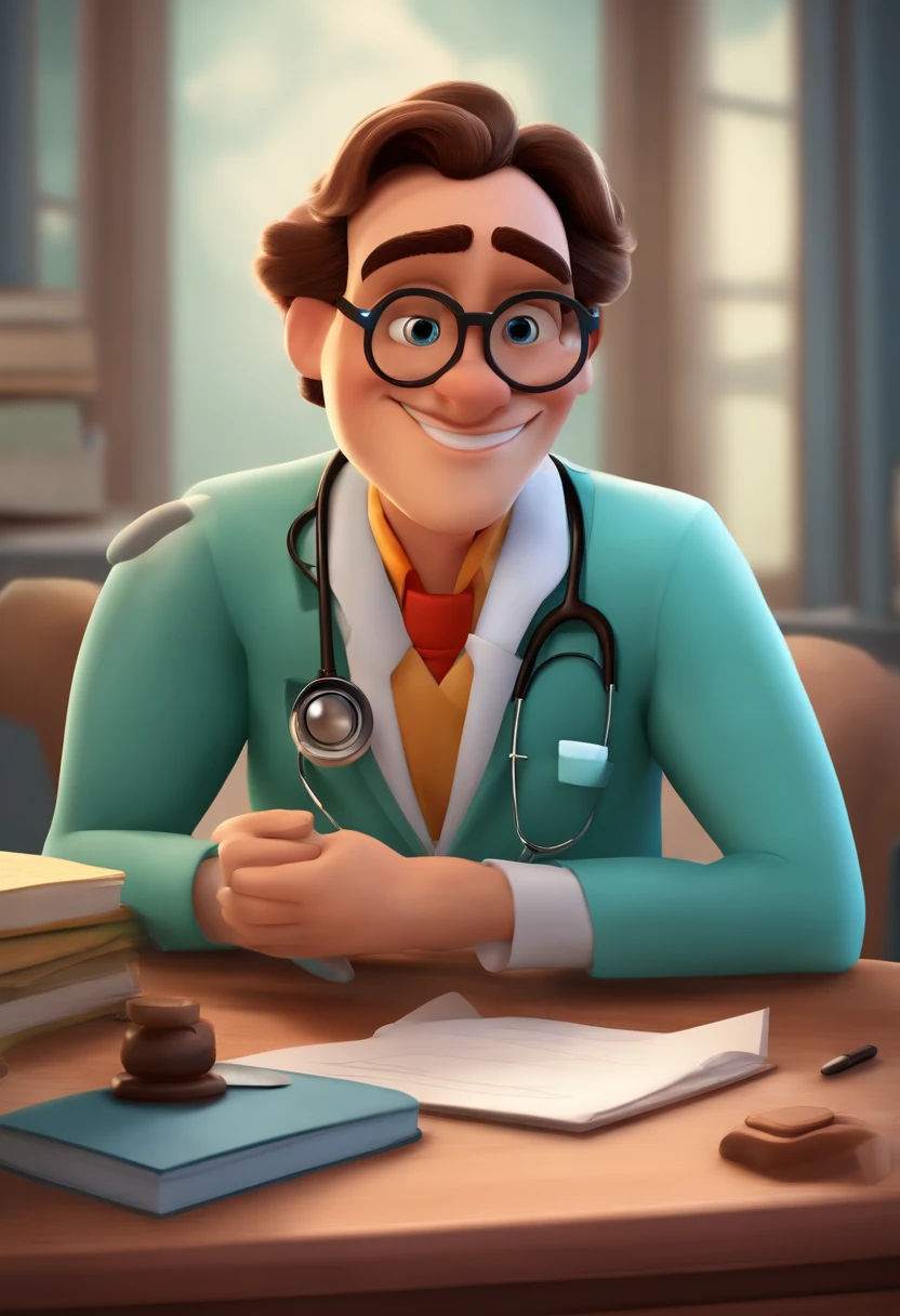 Create a poster in the style of Disney PIXAR movies and examine the title: LAÉRCIO FONO.
The setting should be a beautiful doctor's office, com cores claras e amplo. A imagem principal deve ser de FONOAUDIOLOGO, De pele MORENA, cabelos CURTOS, sorriso no rosto, Wearing glasses and dressed like a doctor. MAN must occupy up to 30% da imagem, at the top should have the title in PIXAR DISNEY handwriting and style.
