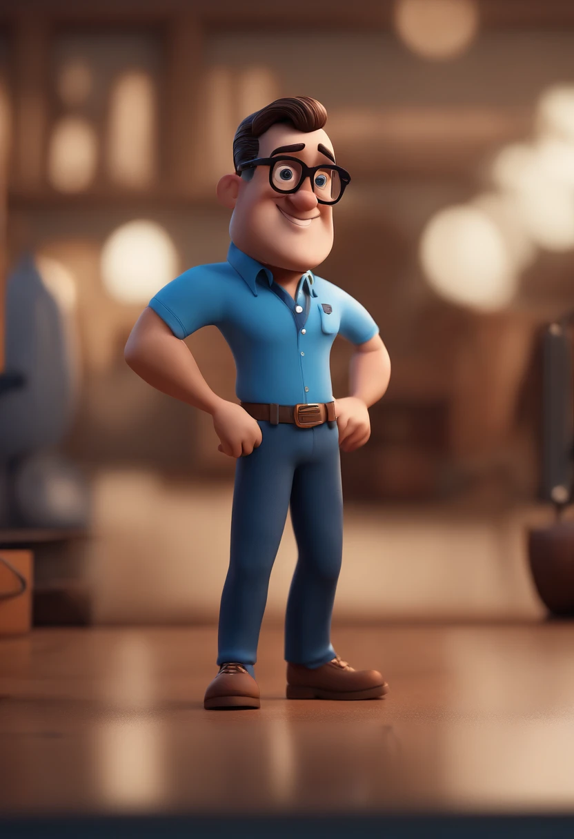 Cartoon character of a man with black glasses and a blue shirt, animation character, Caractere estilizado, animation style rendering, 3D estilizado, Arnold Maya render, 3 d render stylized, toon render keyshot, Personagem 3D, Personagem 3D, 3d rendering stylized, 3 d character render, personagem de desenho animado, Personagem de close up, Pose de personagem, (Estilo Pixar) (master part:1.2) (Bokeh) (best quality) (pele detalhada) (textura detalhada) (8k) (argila) (Cinematic lighting) (foco nítido