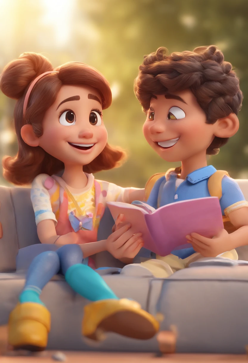 An illustration of an adorable couple, destacando um homem e uma mulher com bonito, Expressive eyes - the man's skin is white and the man's hair is straight and brown, while the woman's skin is black and the woman's hair is curly and light brown. They are a bright room, cada um com um sorriso no rosto, e compartilhar um momento especial caracterizado pelo amor, Insights. Illustrate this scene from a perspective where they are facing the camera, Smiling and Showing Your Connection. Desenvolva esta arte em Full HD, Focus on your cinematic touch, Estilo Disney Pixar Animations