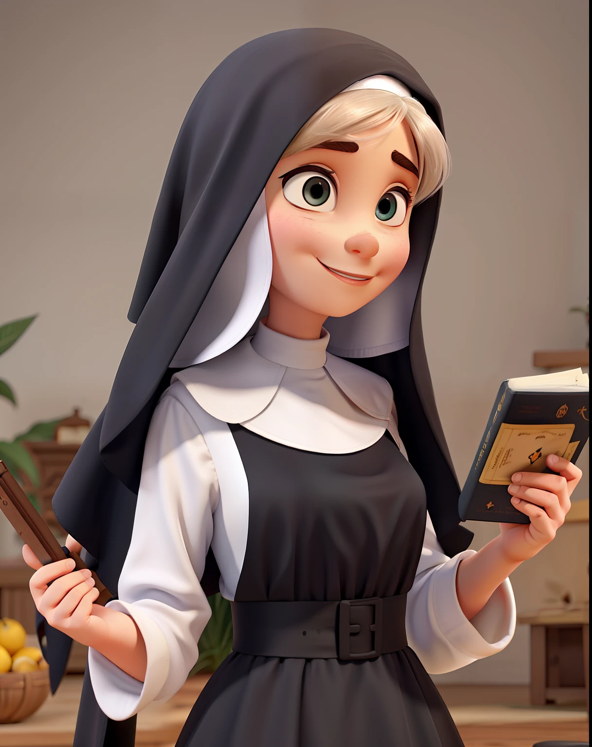 draw a cartoon nun holding a bible while welcoming