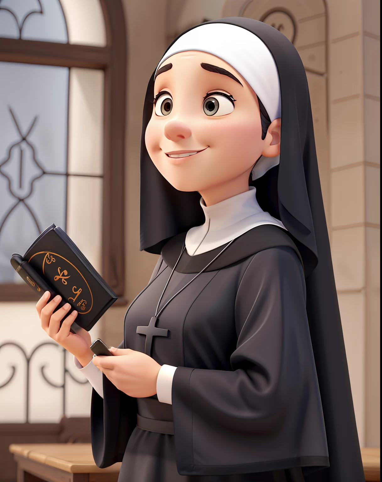 Pixar style nun with black habit, babador branco, Holding the bible, Madre Maria Mazzarello