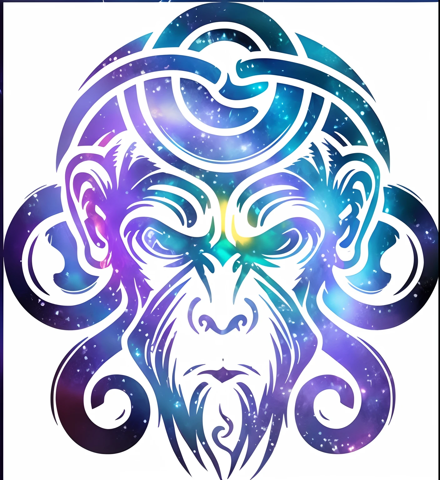 An image of a stylized image of a monkey with a cosmic background, portrait of chimpanzee in space, galactic deity, galactic dmt entity, macaco entediado nft, cosmic style, mystic illustration, Portrait of a cosmic god, unknown zodiac sign, psychedelic art style, humanoid monkey fantasy race, inspirado em Alex Petruk APe, intricate galactic designs