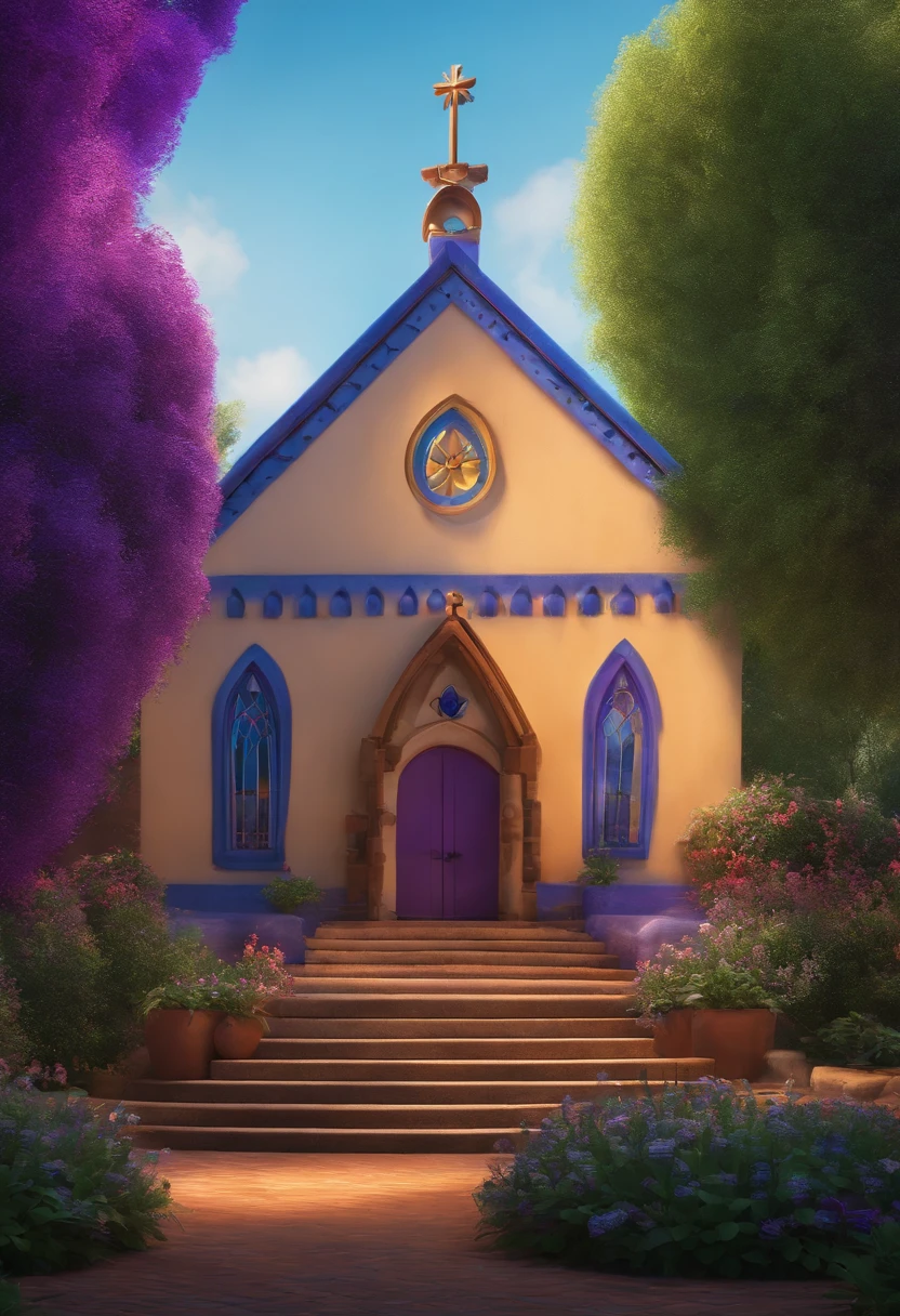 filme Marketing 2023 estilo filmes Pixar, Com nome "UNITY", poster, Com cabelos raspado. Standing stage of a church, as luzes apontadas pra ela. no fundo cores azul e roxo.