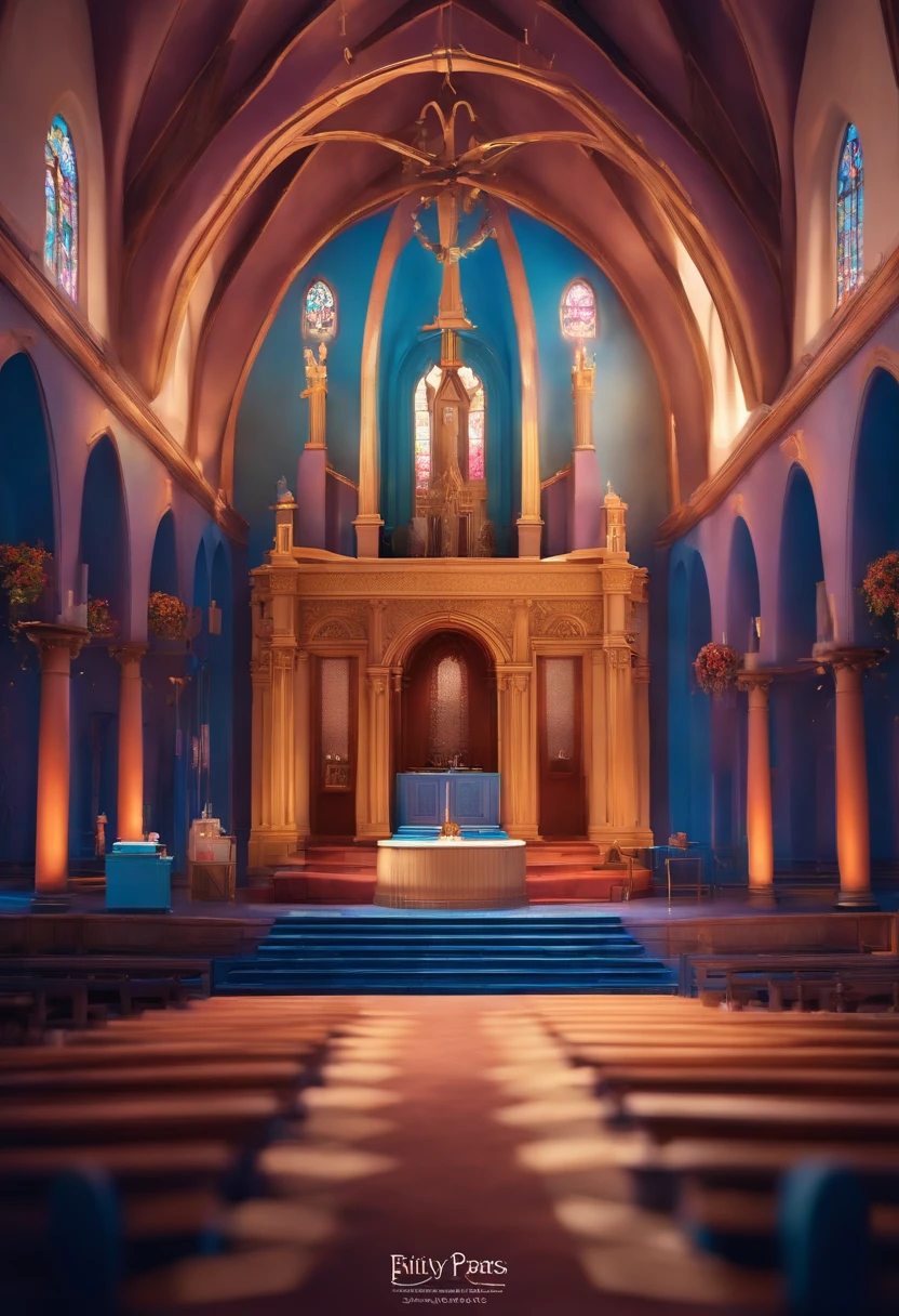 filme Marketing 2023 estilo filmes Pixar, Com nome "UNITY", poster, Com cabelos raspado. Standing stage of a church, as luzes apontadas pra ela. no fundo cores azul e roxo.
