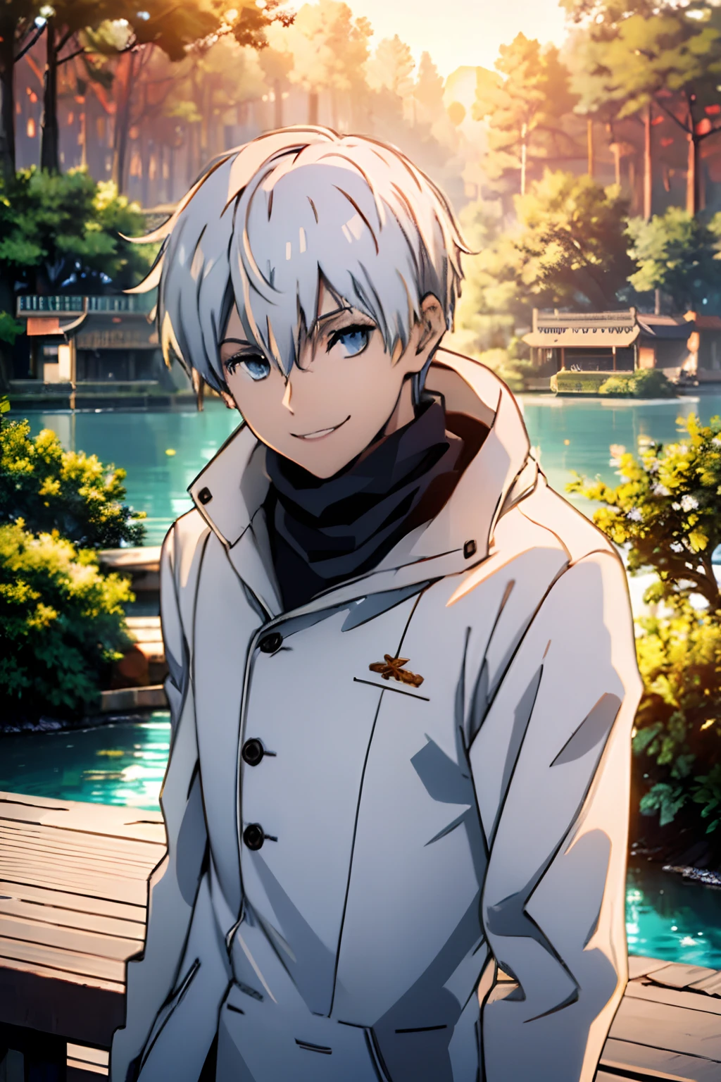 young man, white hair, wearing american academy white jacket, in a chinese garden, smiling, blue eyes, 4k, chinese trees behind, sunset, lake in the background, full HD, best quality