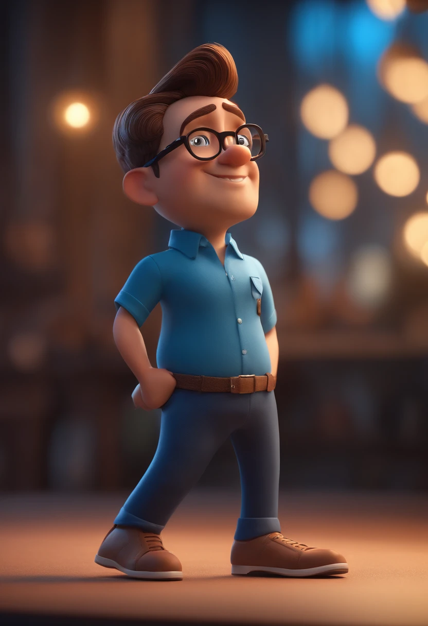 Cartoon character of a man with black glasses and a blue shirt, animation character, Caractere estilizado, animation style rendering, 3D estilizado, Arnold Maya render, 3 d render stylized, toon render keyshot, Personagem 3D, Personagem 3D, 3d rendering stylized, 3 d character render, personagem de desenho animado, Personagem de close up, Pose de personagem, (Estilo Pixar) (master part:1.2) (Bokeh) (best quality) (pele detalhada) (textura detalhada) (8k) (argila) (Cinematic lighting) (foco nítido