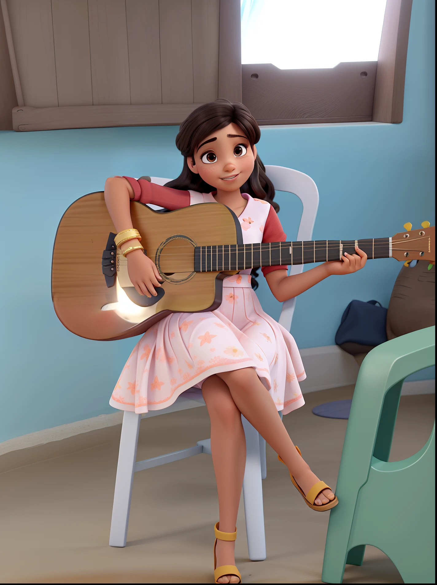 Uma menina morena com o texto "victory" estilo disney pixar, alta qualidade, melhor qualidade