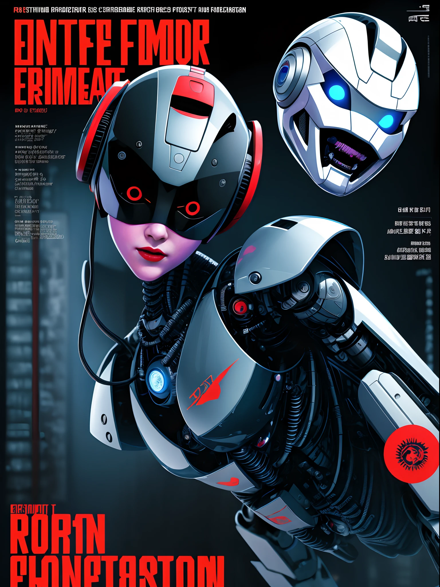 Depict face emerging from the shadows, magazine cover, poster art, robot girl, hint of vibrant