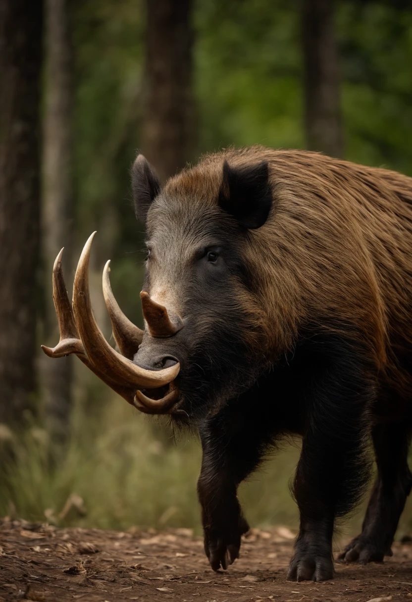 A hunter and a wild boar (bicho) lutando ferozmente; The hunter is a 50-year-old man with a long beard , segurando um machado, todos vestidos com couro marrom e peles marrons, leather trousers, leather jacket ; The wild boar is a large wild animal with long tusks; Dramatic Fight; high resolution, hiperdetalhado, Hyperealista, foco nítido, foto realista, detalhes intrincados,