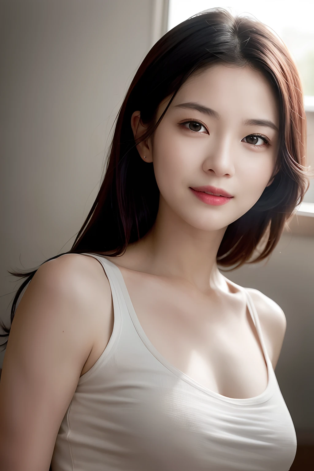 dress, (photograph realistic:1.4), (Ultra photo realsisim:1.4), (realisticlying:1.3),
(Smoother lighting:1.05), (increase cinematic lighting quality:0.9), 32K,
1girll,20岁女孩,realistic illumination,The light from the back window is backlighted,light in face,Ray traching,(Brighten light:1.2),(enchanced quality:1.4),
(best quality real texture skin:1.4),Fine Detailed Eyes,finerly detailed face,
(tire、sleepy、delight:0)、(laughingly:0)、closeup of face、tee shirt、
(Increased Body Line Mood:1.1),(Increases skin texture and beauty:1.1),Charming,More feminine,Intellectual beauty
