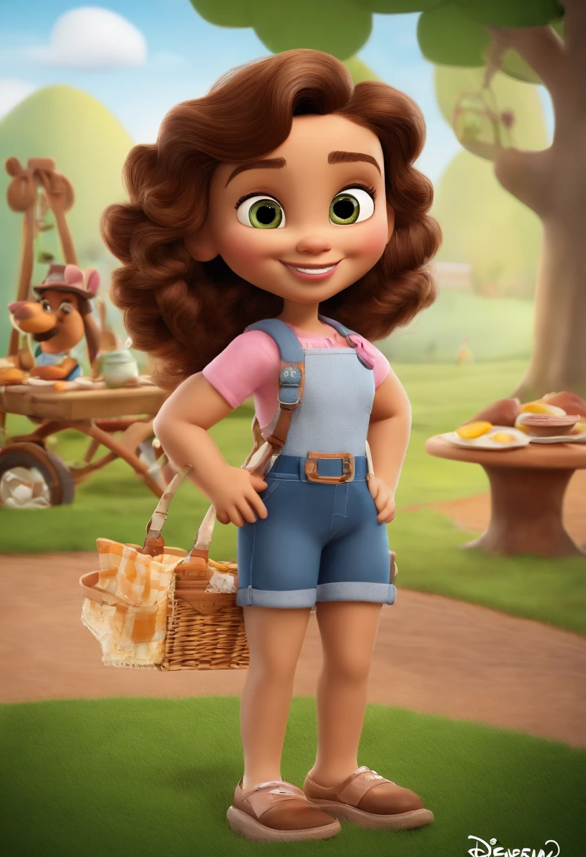 Create a Disney PIXAR-style 3D poster. ((Centro da imagem picnic em familia)), ((1 homem, 1 mulher, 1 e 1 meninahomem com 40 anos, pele clara, cabelo, olhos e barba baixa castanho medio, 1 mulher 37 anos pele clara, cabelo e olhos castanho claro, cabelo liso comprimento medio)) ((2 children)) ((1 menino de 5 tem pele clara e cabelos loiro escuros lisos e olhos um mel e outro levemente verde, usa roupa de futebol e esta com uma bola de futebol e chuteira)) (( 1 menina de 12 anos lhos castanho claro e cabelos loiro escuros e ondulado um pouco abaixo do ombro, usa vestido jeans, All Star Pink e um violão)) ((tudo isso no estilo Disney PIXAR 3D,))