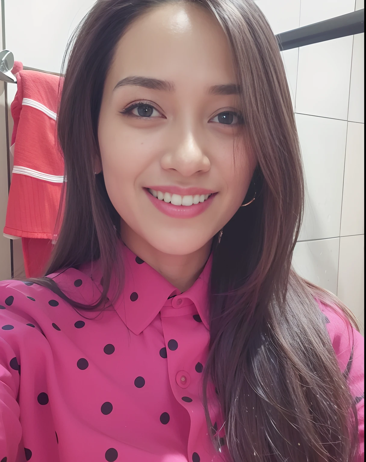 mulher arafed com cabelo comprido vestindo uma camisa rosa e camisa de bolinhas preta, by Amelia Peláez, Alanis Guillen, Directed by: Nandor Soldier, lovely smile, Malika Favre, fernanda suarez, sorriso bonito, by Gina Pellón, com um lindo sorriso, Ayahausca, Directed by: Emma Rios