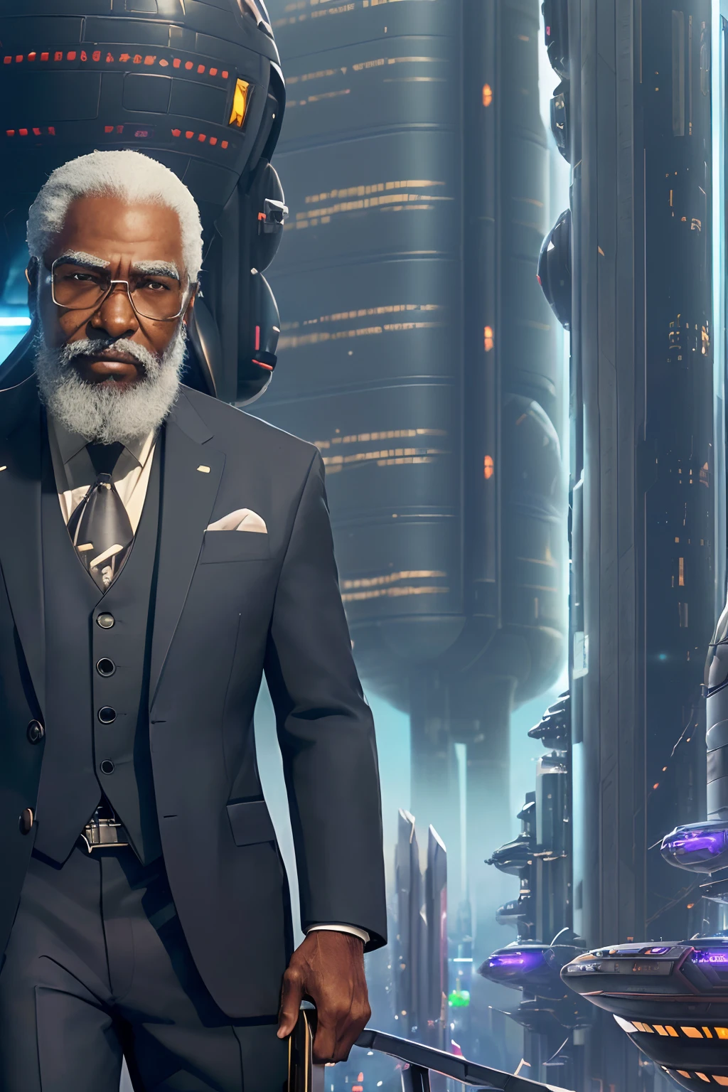 portrait of elderly black man in suit with trimmed white beard, smirking at camera, briefcase in hand
(sci-fi dystopia urban metropolis space spacestation starship:1.4)
(anime genshin botw ghibli
reflections bloom glow hdr intricate detail 8k composition dof rule of thirds aesthetic sharp focus dof
:1.2)