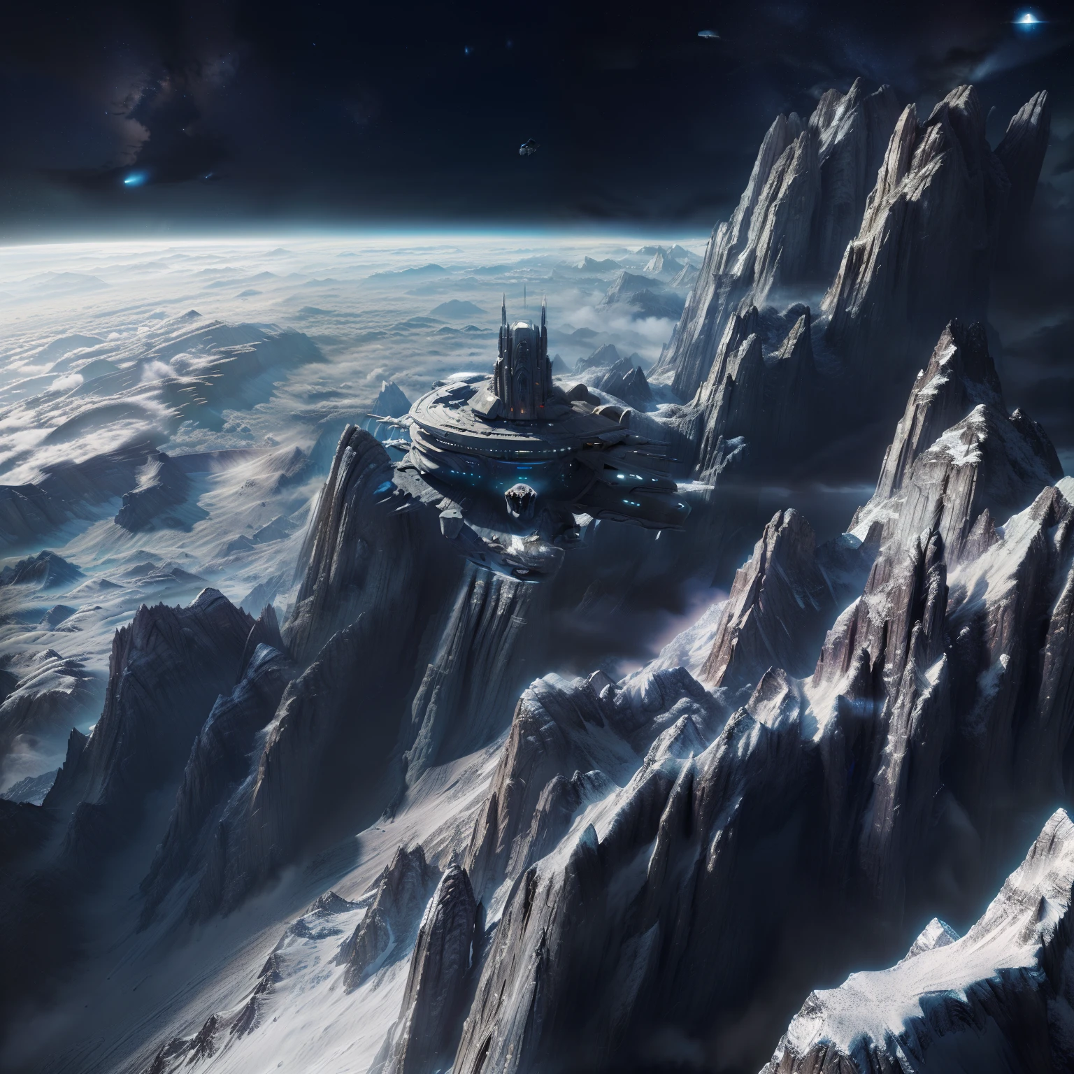 spaceship flying over a mountain with a building on top of it, sci-fi fantasy wallpaper, sci-fi fantasy desktop wallpaper, 8k matte painting, 8 k matte painting, matte painting 4k 8k, inspired by jessica rossier, 4 k matte painting, sci fi setting, cinematic space scenery, epic cinematic matte painting, sci fi scenery, sci fi landscape