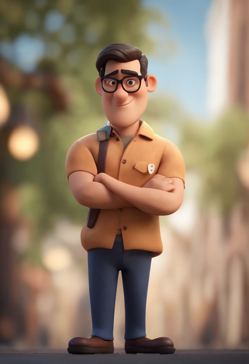 Cartoon character of a man wearing black glasses and a blue shirt, um personagem animado, Caractere estilizado, animation style rendering, 3D estilizado, Arnold Maya render, 3 d render stylized, toon render keyshot, Personagem 3D, Personagem 3D, 3d rendering stylized, 3 d character render, personagem de desenho animado, Personagem de close up, Pose de personagem, (Estilo Pixar) (master part:1.2) (Bokeh) (best quality) (pele detalhada) (textura detalhada) (8k) (argila) (Cinematic lighting) (foco nítido，Senta e vaza a parte superior do corpo