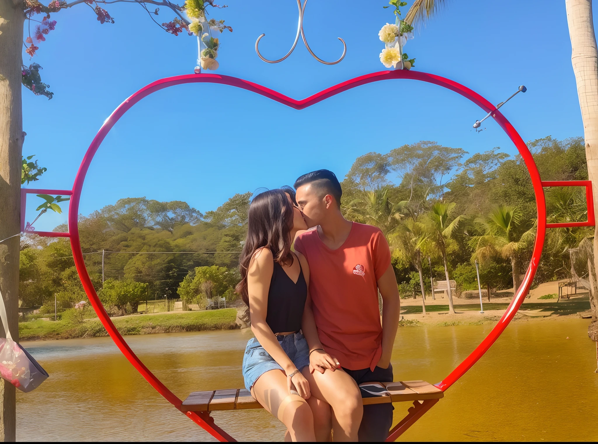 There are two people sitting on a bench in front of a heart-shaped frame, par, casal se beijando, Amando, selfie apaixonada, Directed by: Nandor Soldier, Olivia de Bernardinis, ❤🔥🍄🌪, editing, 😭 🤮 💕 🎀, Postagem 4k, 4 k post, they are in love, 💋 💄 👠 👗