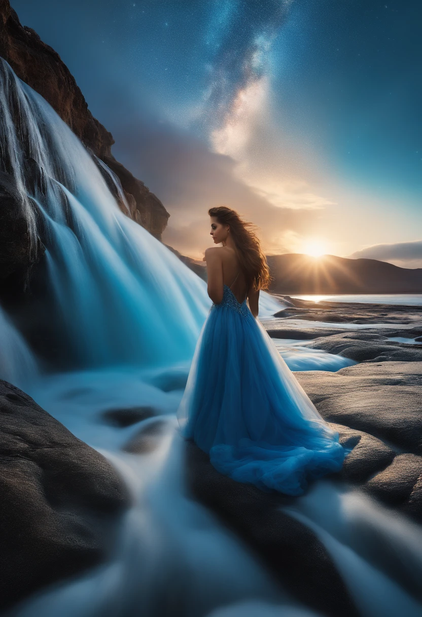 absurdos, Altas, (Arte Oficial, Beautiful and Aesthetic:1.2), (Close view:1.15), (1girl, cabelos azuis, medium hair, olhos azuis, olhos brilhantes, vestido branco longo, babado azul,:1.2) blue skies, Shimmering galaxy, (Salar de Uyuni:1.2), (Arte Fractal:0.8), water effects, efeitos em cascata, (efeitos florais: 0.65), efeitos de luz,