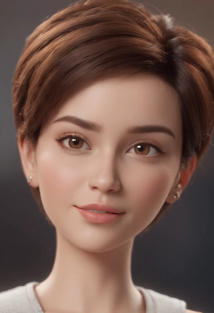 Cartoon character of a woman with black shirt, All Star sweatpants & sneakers, short Afro Brazilian Pixie CUT hair of BROWN color, and a little overweight. Above,full mouth,honey eyes,animated character, stylized character, animation style rendering, stylized 3d, arnold maya render, 3d stylized rendering, toon rendering keyshot, 3d character, 3d character, stylized 3d rendering, toon rendering 3D Characters, Cartoon Character, Character Closeup, Character Pose, (Pixar Style) (Masterpiece:1.2) (Bokeh) (Best Quality) (White Detailed Skin) (Detailed Texture) (8k) (Cinematic Lighting )
