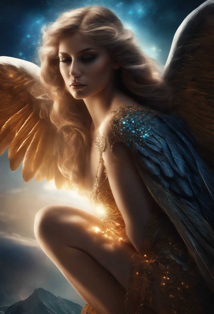 cosmic fallen angel, olhos claros brilhantes, Biomechanicals, estranho, assustador, Pesadelo, cores muito brilhantes, light particles, com luz brilhante, Mshiff, Arte do papel de parede, Papel de parede UHD