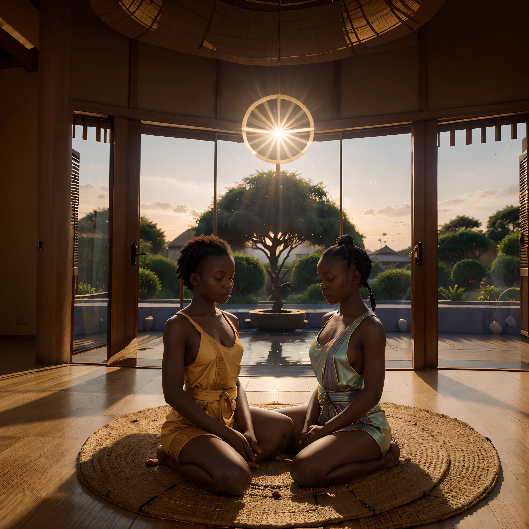 Wide angle shot of a African kids dressed in African designed monk clothes, sitting in a buddha position of meditation, leaves floating in circular rotation around them, African designed dojo in the background, sunrise in the scene shining, with beautiful iridescent light, artgerm style, 32k, ultra HD, unreal engine rendered, hyper-realistic image, octane 3d rendering,