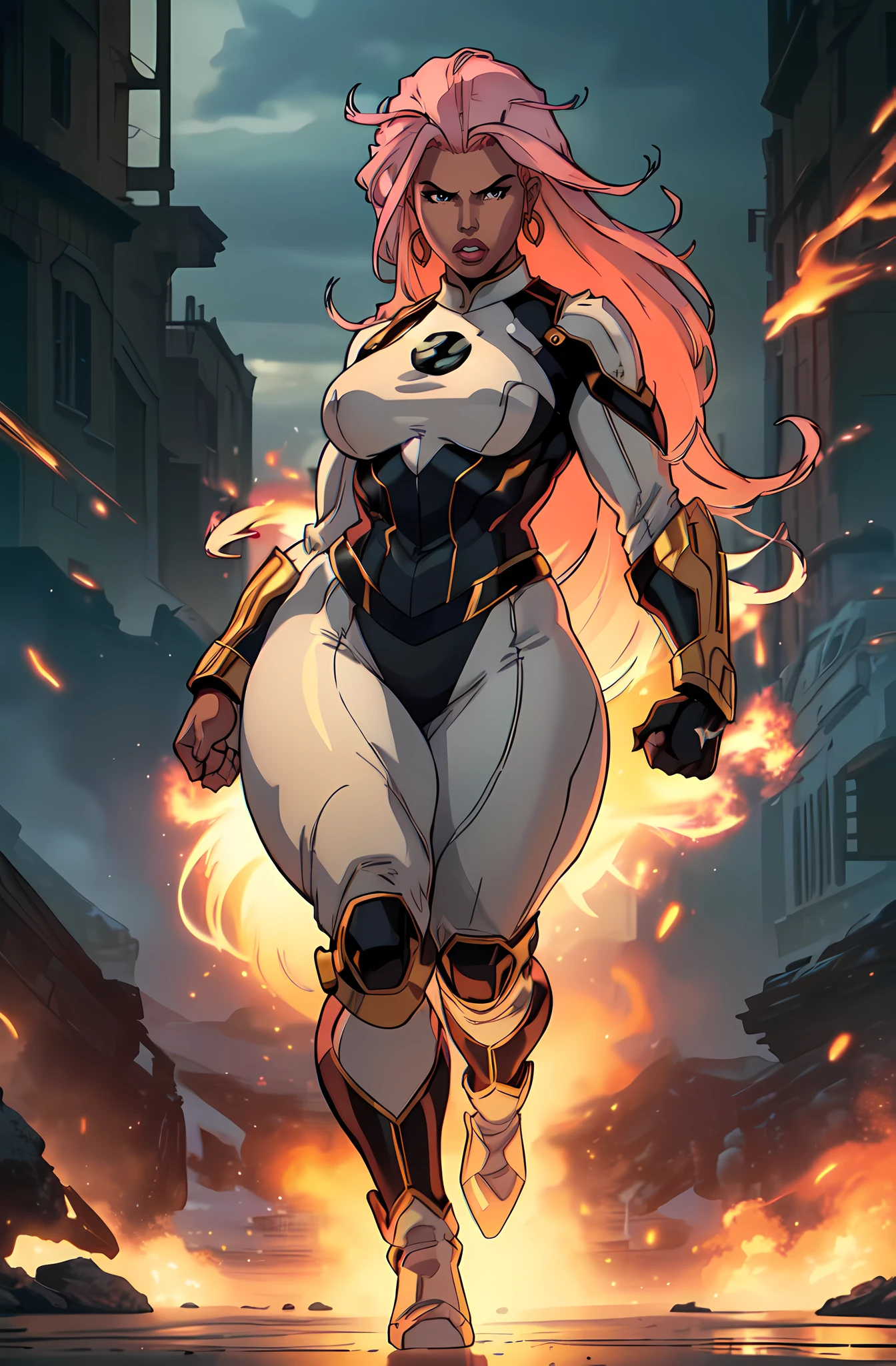 1girl, mecha, city, full body, floating, ass pov, from above, power armor, dynamic pose, white long wavy hair, green eyes with pink tint, in a red latex catsuit, the power of fire comes out of your hands, look at the viewer, tricky glance, grin, winks, fiery flowers grow from strands of hair, pink necklace with diamond, slightly plump physique, wide hips, dark atmosphere