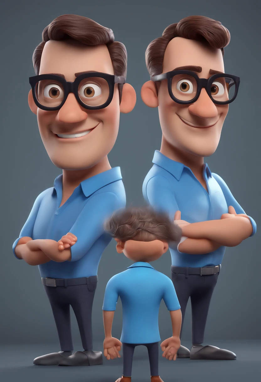 Cartoon character of a man with black glasses and a blue shirt, animation character, Caractere estilizado, animation style rendering, 3D estilizado, Arnold Maya render, 3 d render stylized, toon render keyshot, Personagem 3D, Personagem 3D, 3d rendering stylized, 3 d character render, personagem de desenho animado, Personagem de close up, Pose de personagem, (Estilo Pixar) (master part:1.2) (Bokeh) (best quality) (pele detalhada) (textura detalhada) (8k) (argila) (Cinematic lighting) (foco nítido