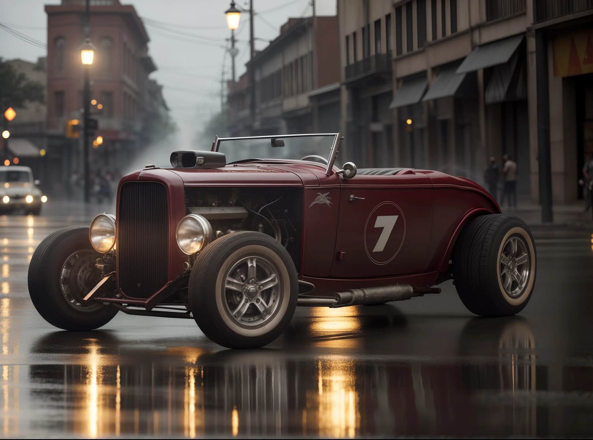 Necessidade de velocidade, Hot ROD Roadster Ford 1932, correndo pela rua molhada, quase, spreading water on the street, hyper realistic, motion blur, blurry background, altamente detalhado, divine proportion, (((Enquadrado))), perfect composition, perfect lighting, octan render, 8k, Artistic photography, trending on ArtStation, foco nítido, Studio photo, detalhes intrincados, altamente detalhado, Directed by: Greg Rutkowski
