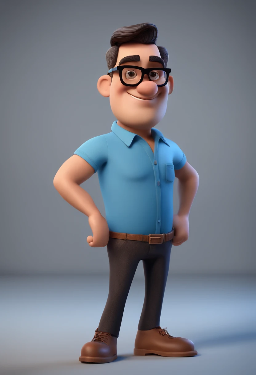 Cartoon character of a man with black glasses and a blue shirt, animation character, Caractere estilizado, animation style rendering, 3D estilizado, Arnold Maya render, 3 d render stylized, toon render keyshot, Personagem 3D, Personagem 3D, 3d rendering stylized, 3 d character render, personagem de desenho animado, Personagem de close up, Pose de personagem,  (Estilo Pixar) (master part:1.2) (Bokeh) (best quality) (pele detalhada) (textura detalhada) (8k) (argila) (Cinematic lighting) (foco nítido