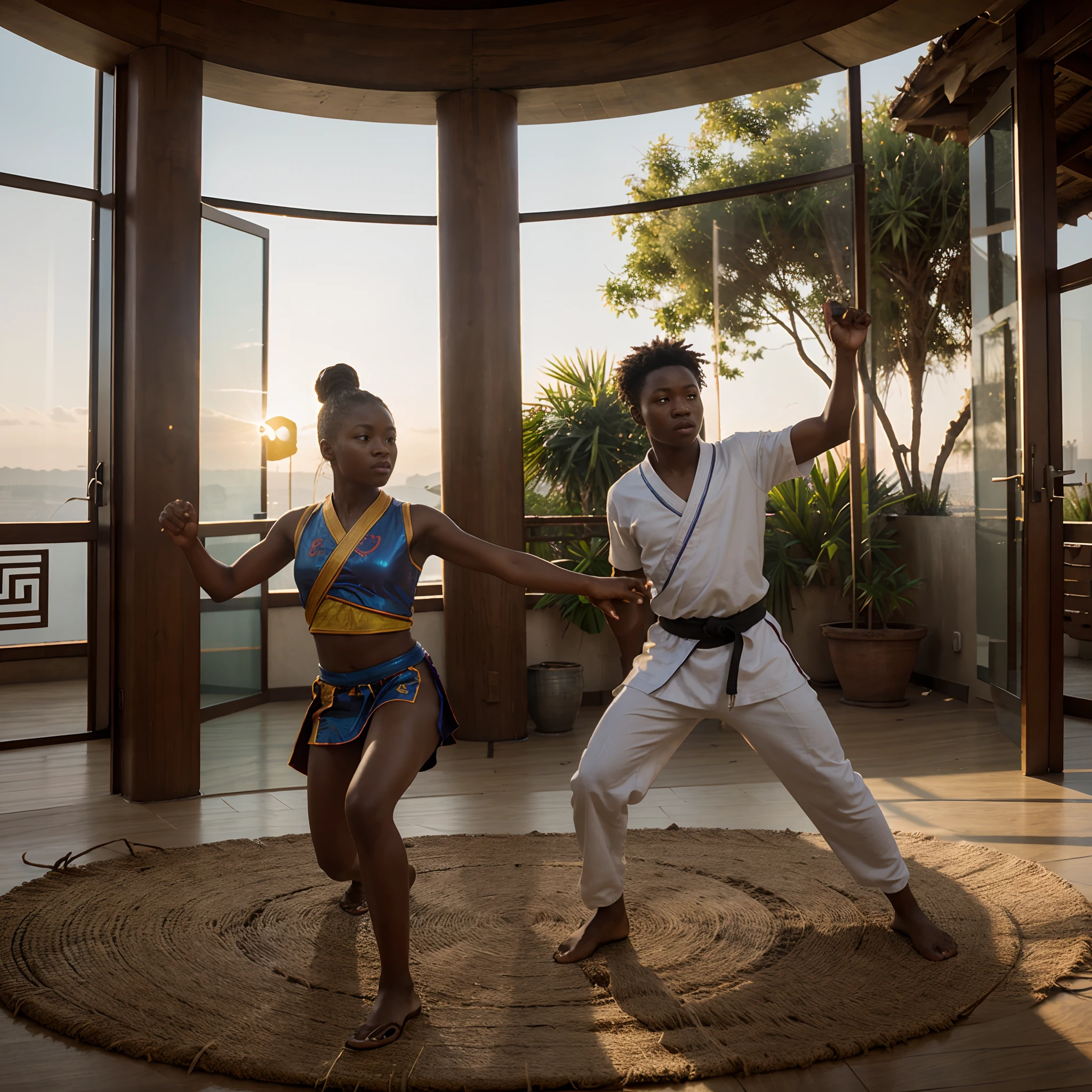 Wide angle shot of an African kids in kung-fu fighting pose, tough serious face in African designed kung-fu clothes, holdin, leaves floating in circular rotation around them, African designed dojo in the background, sunrise in the scene shining, with beautiful iridescent light, artgerm style, 32k, ultra HD, unreal engine rendered, hyper-realistic image, octane 3d rendering,