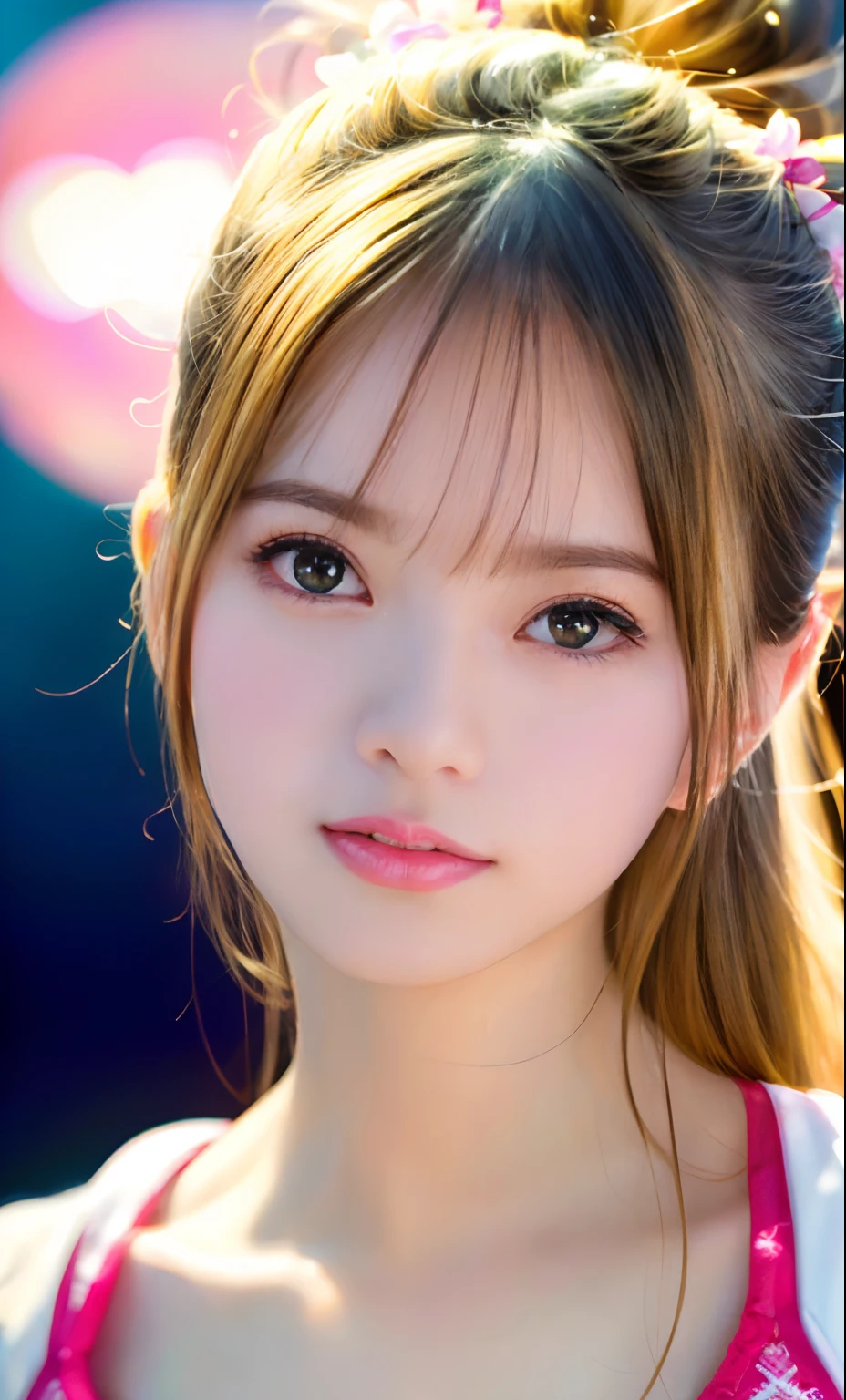(8k, RAW photos, photorealistic: 1.25), (lip gloss, eyelashes, shiny skin, top quality, ultra high resolution, depth of field, chromatic aberration, caustics, wide lighting, natural shading, Kpop idol) look at the viewer with calm and goddess-like happiness, pose, swimsuit, blonde hair, hairpin,