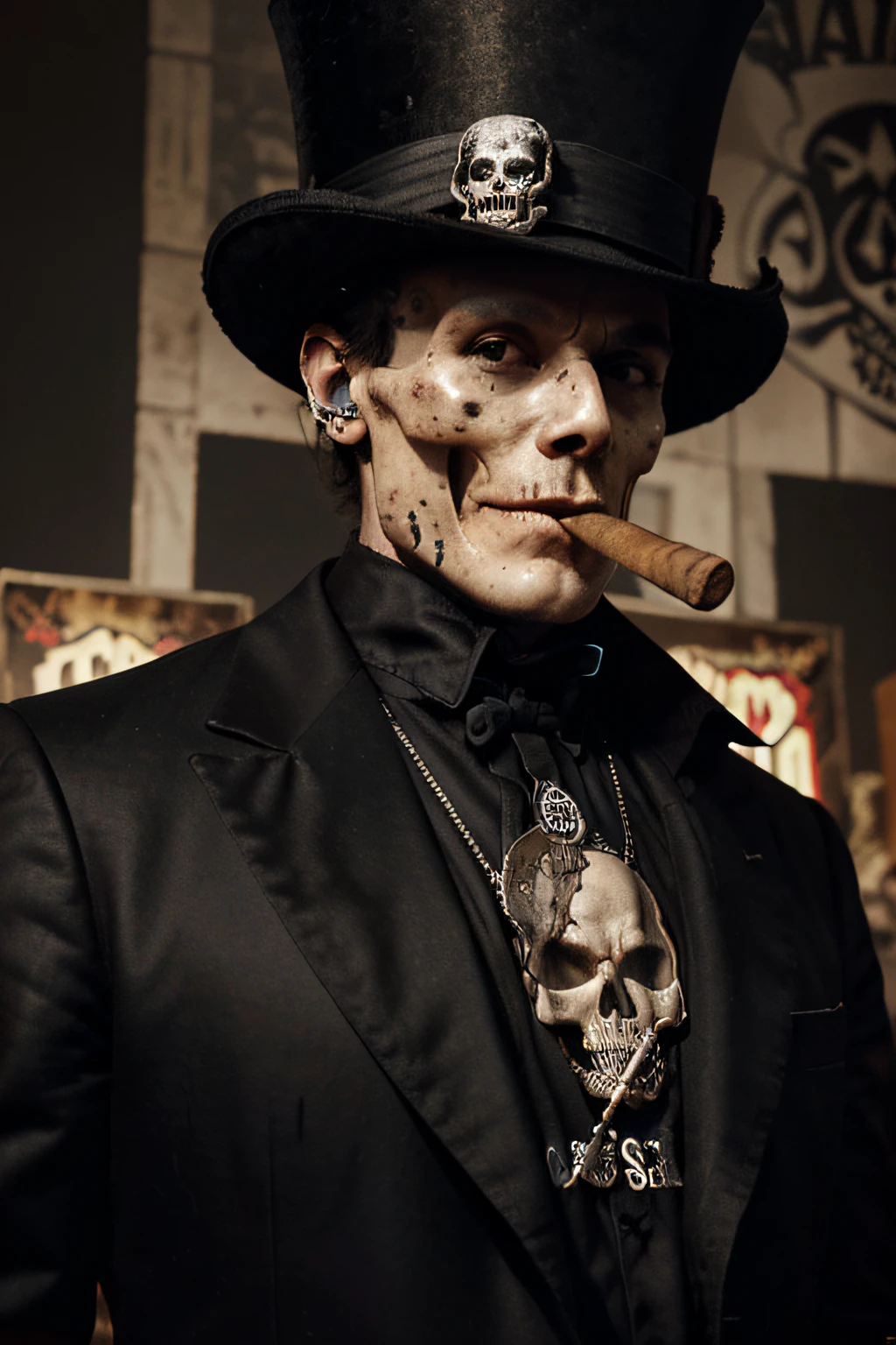 a close up of a skull with a top hat and a cigar, an album cover by Scott M. Fischer, cg society, sots art, skull design for a rock band, society, official artwork, heavy metal tshirt design, black sokkel, mcbess poster, secret society, skeletons smoking cigars, high detailed official artwork, black light velvet poster