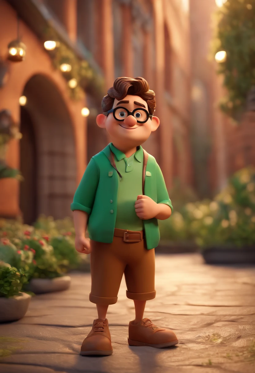Cartoon character of a man wearing black glasses and a green shirt, um personagem animado, Caractere estilizado, animation style rendering, 3D estilizado, Arnold Maya render, 3 d render stylized, toon render keyshot, Personagem 3D, Personagem 3D, 3d rendering stylized, 3 d character render, personagem de desenho animado, Personagem de close up, Pose de personagem, (Estilo Pixar) (master part:1.2) (Bokeh) (best quality) (pele detalhada) (textura detalhada) (8k) (argila) (Cinematic lighting) (foco nítido，Senta e vaza a parte superior do corpo