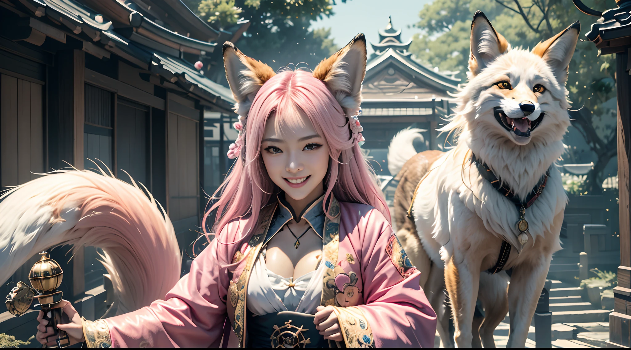 1girll,Solo, Happy smiling official art, Smile,Unity 8k wallpaper, Ultra detailed, Beautiful and aesthetic, Beautiful, Masterpiece, Best quality, Kitsune witch, kitsune mask, Pink and white haori jacket, Foxfire spell, The fox is familiar, Transformation,Depth of field