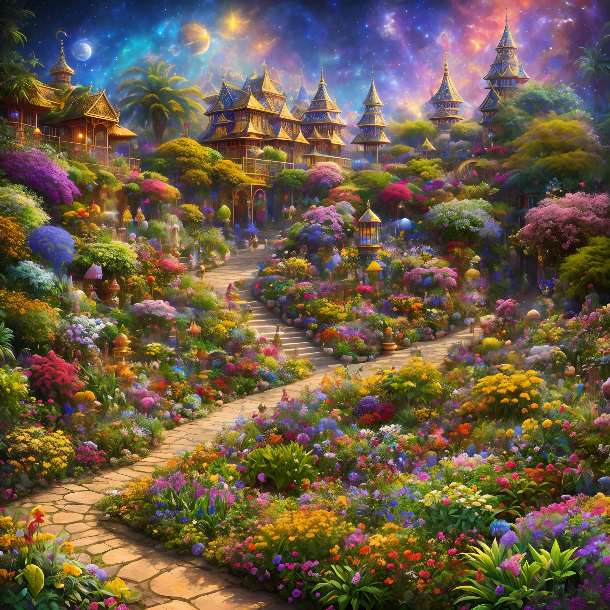 (Best quality,masterpeace),(hyperdetailed colourful),
A cosmic garden full of exotic plants and animals
,Perfectcomposition, Best Fair, (Golden ratio:1.2)
, hdr, Dramatic,Cinematic lighting, trending on artstationh,trending on CGSociety, Professional oil painting,huge detail,