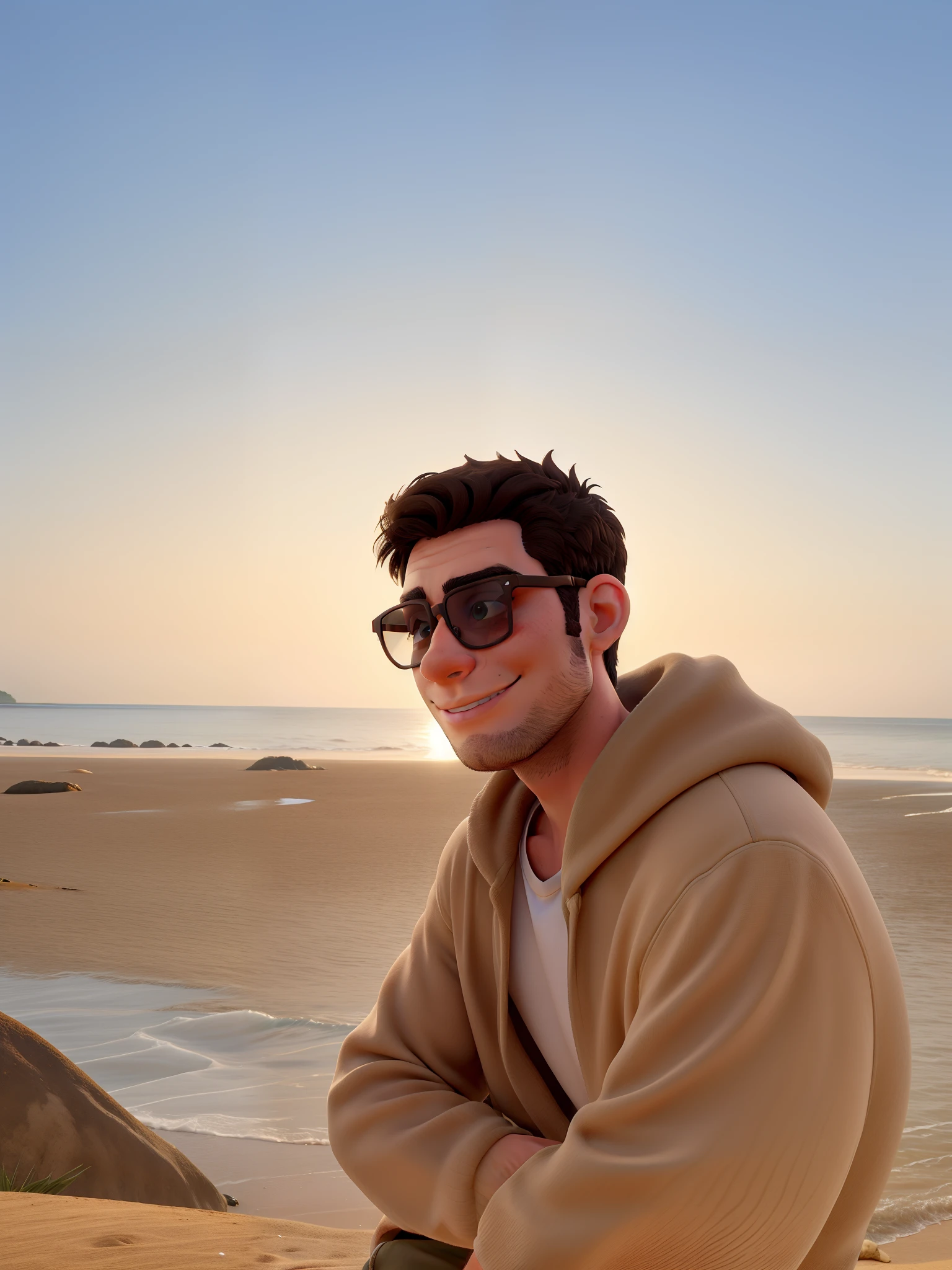 Obra-prima, de melhor qualidade, A young man by the beach in sunglasses, vestindo uma sheat bege
