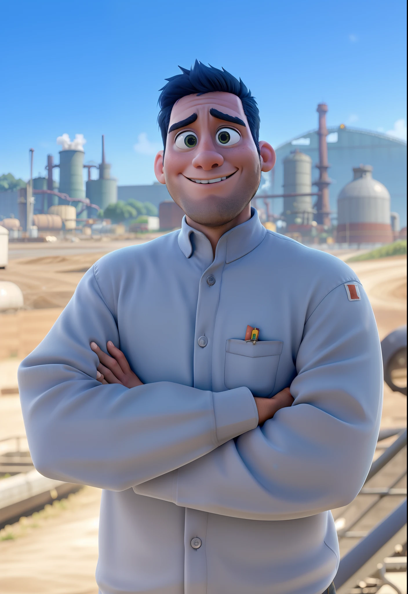 Criar imagem no estilo pixar, and put a photo of the steel mill Ternium Brasil in the background of the image. Personagem jovem e bonito, as realistic as possible of the character in the original photo.